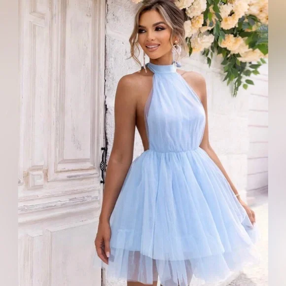 Sky Blue Mesh Party Dress - Picture 5 of 6